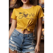 Fashion Cocktail Önden Bağlamalı Love Aşk Boncuk Işlemeli Yazılı Kadın Yazlık Bluz Sarı Sarı