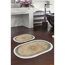 Eko Trend Djt 2 Li Yıkanabilir Kaymaz Taban Oval Banyo Paspas Klozet Takımı P1356 Vintage Turkuaz