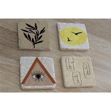 Line Art Surat Kuşlar Ve Tasarımlar Doğal Taş Bardak Altlığı 4'lü Set - Natural Stone Coasters - Taş Çok Renkli