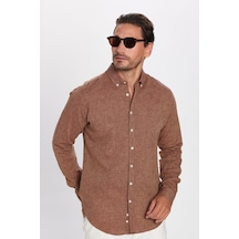 Tudors Erkek Slim Fit Dar Kesim Uzun Kollu Keten Premium Seri Düğmeli Yaka Spor Kahverengi Gömlek-32819 Kahverengi