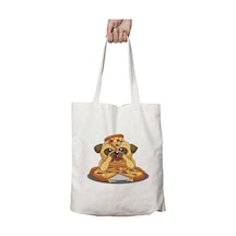 Art Hediye Pug Pizza İki Tarafı Kalıcı Baskılı Yıkanabilir Okul Plaj Omuz Bez Çantası Çok Renkli