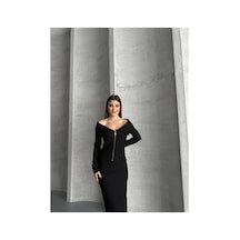 Asur Boutique Asur Butik Yarı Fermuarlı Ottoman Kumas Elbise Siyah