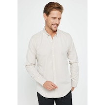 Tudors Erkek Slim Fit Dar Kesim Uzun Kollu Pamuklu Oxford Doku Taş Renk Düğmeli Yaka Gömlek-31028-taş Taş