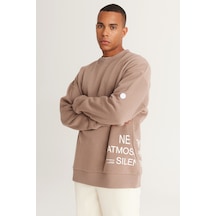 AC&Co / Altınyıldız Classics Erkek Bej Oversize Fit Bol Kesim İçi Polarlı Pamuklu Baskılı Sweatshirt Bej