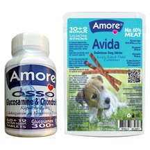 Amore Osso Köpek Eklem Güçlendirici Glukozamin Kondrotin 72'li + Avida Somonlu Köpek Ödül Çubukları 12'li