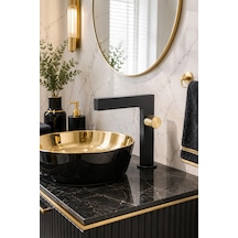 Fontana Fk-2015 Siyah Gold Detaylı Lüks Lavabo Bataryası Mat Siyah Modern Lavabo Bataryası Altın - Mat Siyah