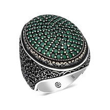 Premium 925 Ayar Gümüş Yeşil Zirkon Taşlı Oval Erkek Yüzük - 22 Ölçü
