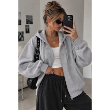 Cool Tarz Kadın Oversize Kapüşonlu Fermuarlı Sweatshirt 3 İplik Şardonlu Cepli Gri Gri