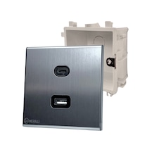 MERALLI INOX USB + USB Type-C güç prizi (20W), hakiki fırçalanmış paslanmaz çelik, çerçevesiz 86×86 Modüler kasa dahil