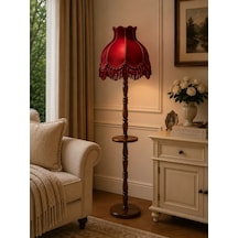 Bordo Kadife Kaplı Püsküllü Başlık Doğal Ahşap Sehpalı Ayaklı Vintage Lambader 170x45cm
