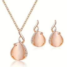Pembe Damla Taşlı Takı Seti Altın Kaplama, Ahşap Kutu İçerisinde Altın