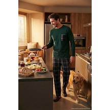 Buratti  Ekoseli Cepli Beli Lastikli % 100 Pamuk Regular Fit Erkek Pijama Takımı 6572001 Yeşil