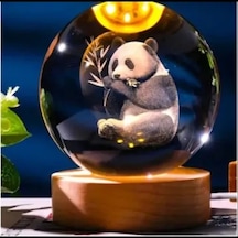 Hubrendy Emin Dekoratif Panda Tasarımlı Ahşap Altlıklı Işıklı Cam Küre Büyük Boy Cam:8cm Ahşap:2cm