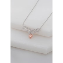 Rose Renk Çiçek Motifli Kalp Harfli Gümüş Bayan Kolye - 50 CM