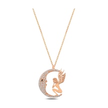 Çekirdekjewelry 925 Ayar Gümüş Melek Figürlü Ay Kolye Zirkon Taşlı Rose Kaplama Hilal Kadın Kolye Pembe