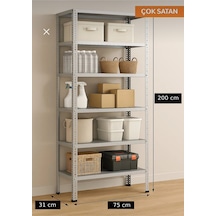 Çelik Raf 6 Katlı 31x75x200 Raf Sistemleri, Depo Rafı, Arşiv Rafı, Kiler Rafı, Çok Amaçlı Raf Gri