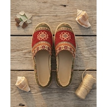 Futsishoes Camellıa Yeşil Kilim Desenli Hasır Taban Nakış Detaylı Hakiki Deri Kadın Etnik Desen Espadril Ayakkabı