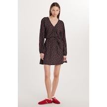 Tudors Kadın Slim Fit Dar Kesim Uzun Kollu Bağlamalı V Yaka Baskılı Viskon Elbise-33617 Siyah - Kırmızı