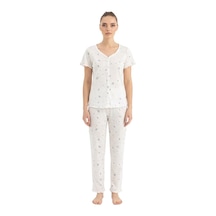 Seamlife Kadın %100 Pamuk Kalp Desenli Önü Düğmeli Kısa Kollu Pijama Takımı 18121787 Beyaz