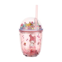 Sanrio Lisanslı Boncuklu Kapaklı Pipetli Plastik Şişe 435ml - Pembe çok renkli
