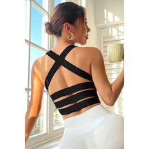 Kadın Siyah Sırtı Çapraz Lastik Detaylı Crop Top Bluz