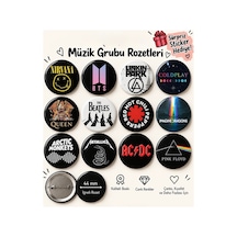 12 Li Müzik Grubu Rozet Seti 44 Mm Metallica, Nirvana, Ac/dc, Queen, Linkin Park Temalı İğneli Rozet Diğer