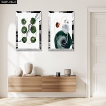 Gümüş Aynalı Pleksi Çerçeveli Beyaz Arka Planlı Kapalı Yeşil Şekiller Modern İkili Mdf Tablo Seti