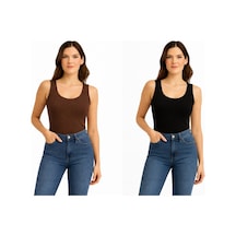 İngegno Body Geniş Bisiklet Yaka Sıfır Kol Örme Kumaş Viskon Body 2 Li Paket Kahverengi - Siyah