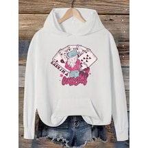 Nevermınd Unisex Card Desen Baskılı Oversize Baskılı Kapşonlu Sweatshirt 3 Iplik Beyaz Beyaz