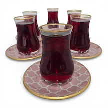 Sudedi Home Gerçek Altın Yaldızlı Pembe Desenli 6 Lı Cam Çay Bardağı Seti Pembe
