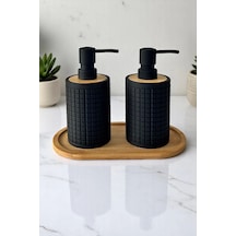 Buççin Online Mağaza 2li Retro Still Sıvı Sabunluk Seti 500ml Mutfak Siyah Hands Dishes Kare Figürlü Bambu Stantlı Set Pl Çok Renkli