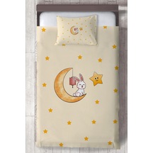 Bebek Ve Çocuk Odası Sevimli Tavşan Ve Ay Yıldız Organik Boyalı, Renkli Yatak Örtüsü Seti Toplam 2 Parça 1 Adet Yatak Örtüsü 140x220cm, 1 Adet Yastı