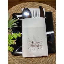 Gümüş Yaldızlı Beyaz Cepli Happy Bırthday Peçete 12 Adet 40x40