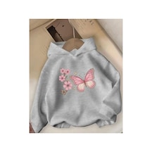 Herkesemoda Kelebek Ve Çiçek Baskı Detaylı İçi Polarlı Kapüşonlu Sweatshirt Gri