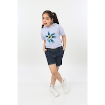 Toontoy Kids Toontoy Kız Çocuk Önü Çiçek Baskılı Tişört Mavi