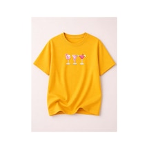 Herkesemoda Summer Baskı Detaylı Kadın Bisiklet Yaka Pamuklu T-shirt Sarı