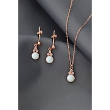 Papatya Silver 925 Ayar Gümüş Rose Kaplama Beyaz Opal Yuvarlak Kolye ve Çift Çivili Küpe Set