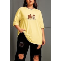 Büyük Beden Kahve Seven Ayıcık Baskılı Unisex Tişört Sarı