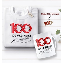 Bk Gift 100. Yıl Hatırası Beyaz Tişört, Kupa Bardak Ve Gold Metal Rozet Hediye Seti-5, 29 Ekim Hediyesi, Cumhuriyet Bayramı, 100.yıl Hediyesi Bitmeyen