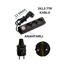 Avarson 3'lü Üçlü Priz Topraklı Anahtarlı Kablolu Siyah 3x1,5 Ttr 12 On İki Metre