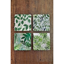Doğal Taş Bardak Altlığı 4'lü Set - 10x10cm Yeşil Yaprak Desenli Taş Bardak Altlığı - Stone Coasters Çok Renkli