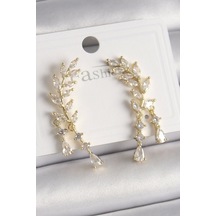 Pirinç Gold Renk Zirkon Taşlı Başak Model Kadın Küpe Çok Renkli