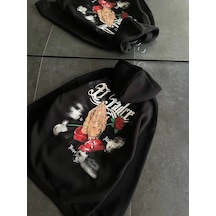 Üç İplik Penye Uzun Kol Kapşonlu Baskılı Sweatshirt - Siyah Çok Renkli