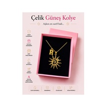 Kişiye Özel Harfli Çelik Güneş Kolye Gold Renk Kararmaz & Kutulu Hediye Altın Altın