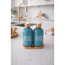 Makri Home Bambu Altlıklı Bambu Kapaklı İkili Cam Sıvı Sabunluk & Deterjanlık Seti 2 500 Ml- 16,5 X 9 X 21 Cm Mavi