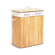 Dikdörtgen İki Bölmeli İç Bez Bambu Ahşap Kirli Çamaşır Sepeti İp Kulp 52x32x62cm Bx40 Renkli