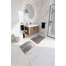 2'li Peluş Post Banyo Halısı Klozet Takımı Kaymaz Taban Yıkanabilir Banyo Paspası Gri Gri