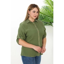 Lady Majestic %100 Cotton Büyük Beden Kadın Müslin Kumaş Gömlek Haki