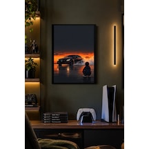 Siyah Otomobil Ve Turuncu Ufuk Desenli Dekoratif Mdf Tablo, Çerçeve Görünümlü Ahşap Poster