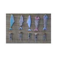 5 Adet Ahşap Balıklı Metal Çan Balık Figürlü Dekoratif Rüzgar Çanı, Asma Süs, Wooden Fish Wind Chime, Metal Bell